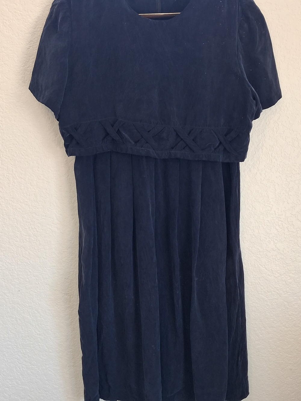 Vtg 1990s Karin Stevens Navy Cottagecore Basketweave Empire Dress